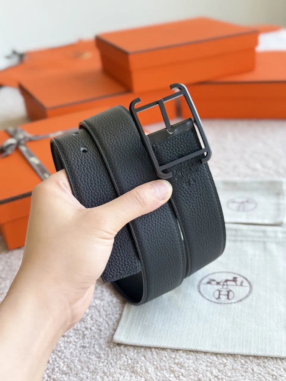 palladium Hermes Matte Black Leather Belt - Hình 3