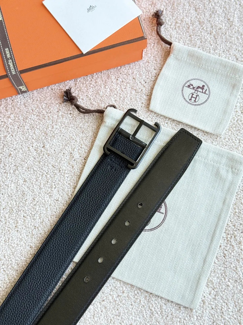 palladium Hermes Matte Black Leather Belt - Hình 4