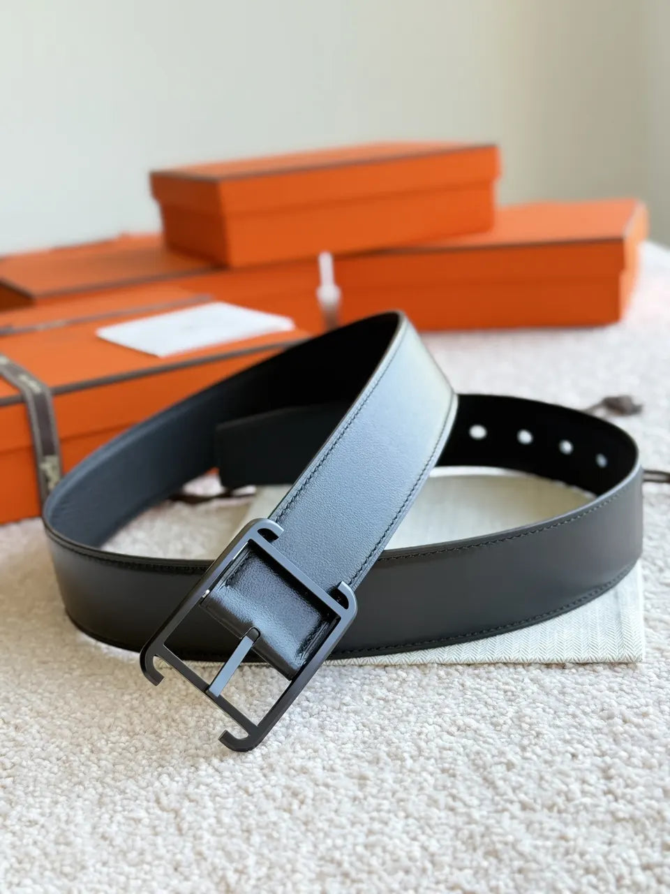 palladium Hermes Matte Black Leather Belt - Hình 6