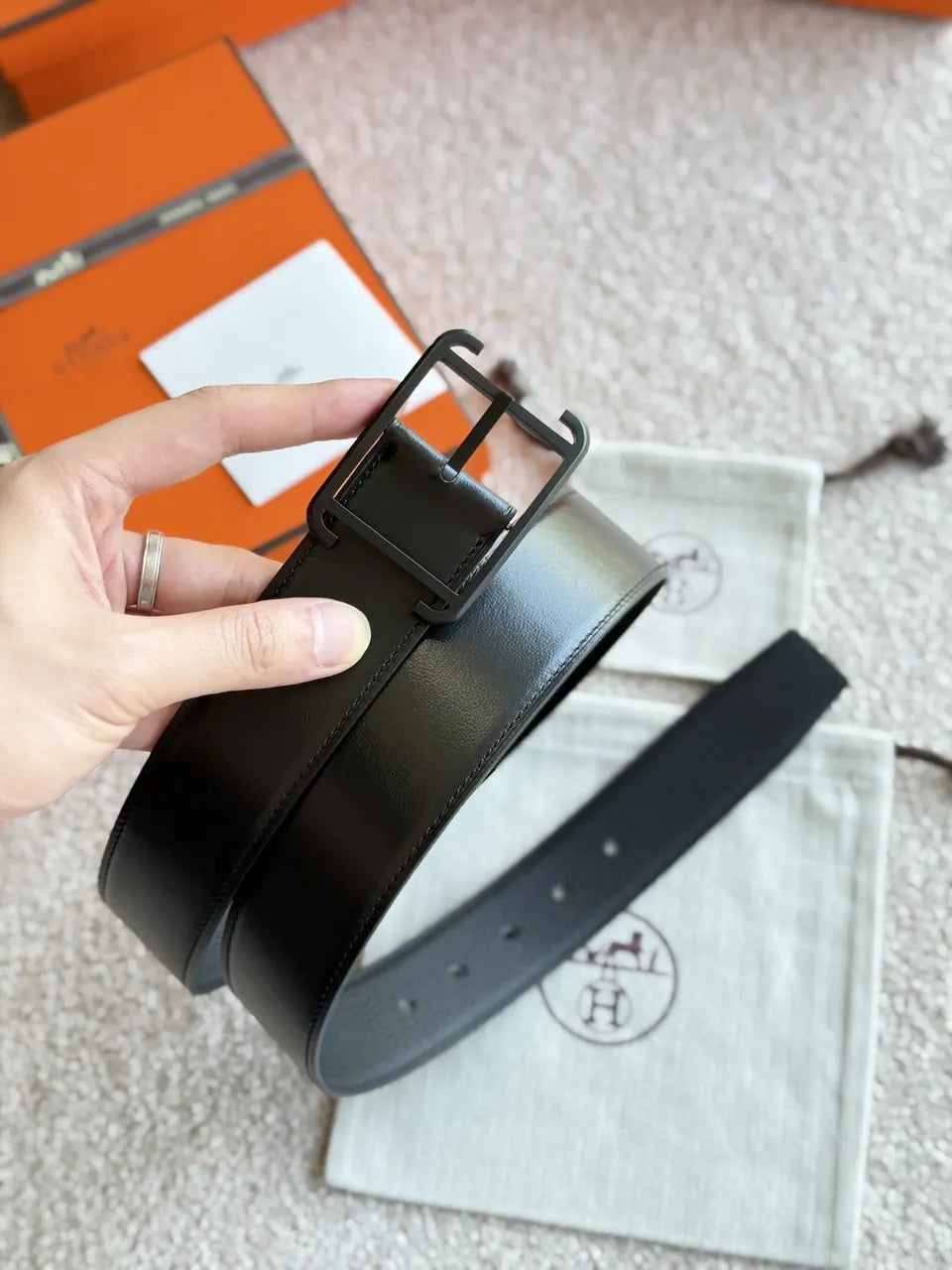 palladium Hermes Matte Black Leather Belt - Hình 7