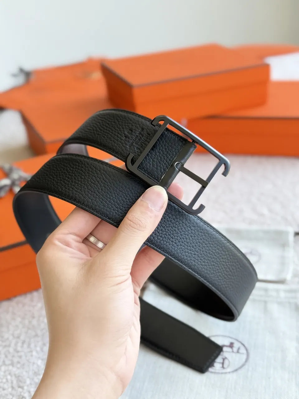 palladium Hermes Matte Black Leather Belt - Hình 8
