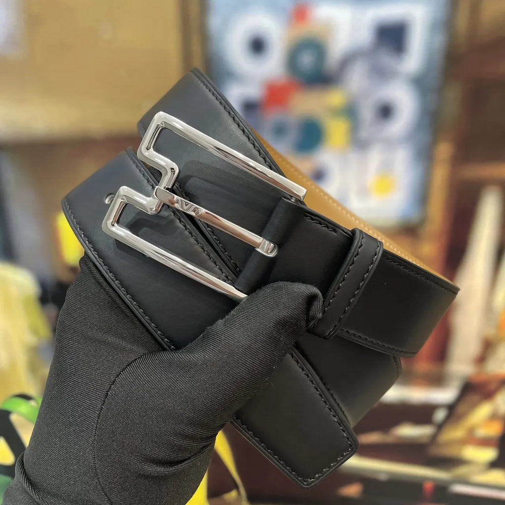 designer LV Black Leather Belt Silver Buckle
