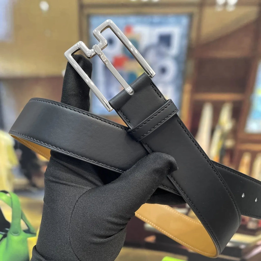 designer LV Black Leather Belt Silver Buckle - Hình 2