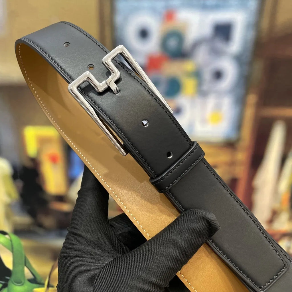 designer LV Black Leather Belt Silver Buckle - Hình 3