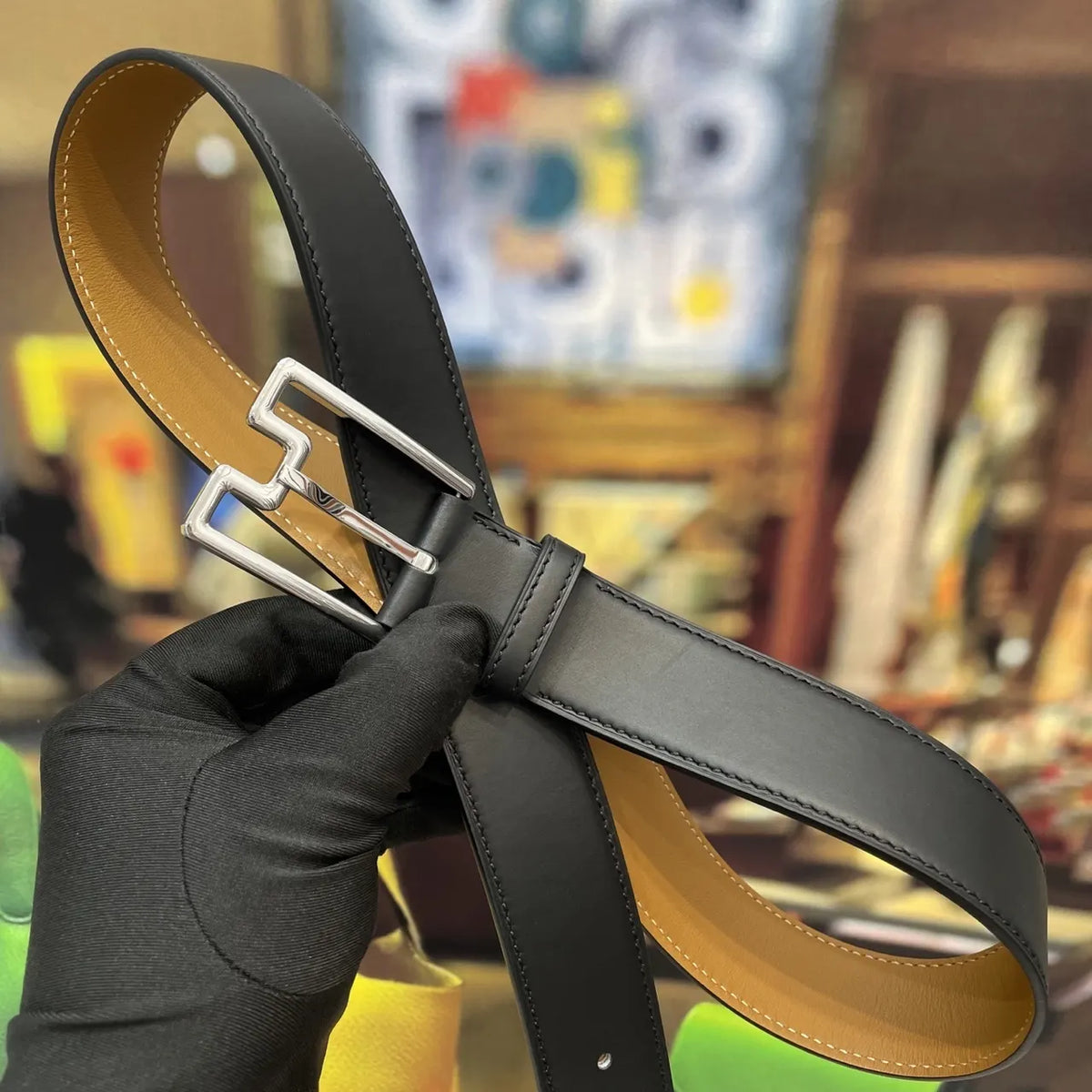 designer LV Black Leather Belt Silver Buckle - Hình 4