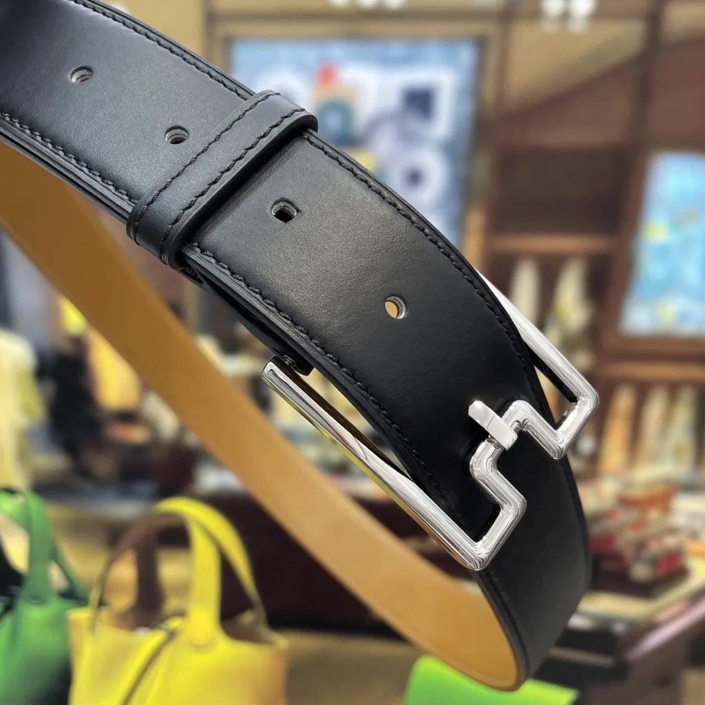designer LV Black Leather Belt Silver Buckle - Hình 6