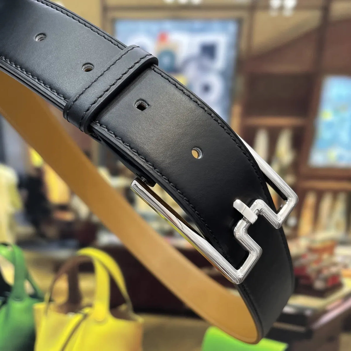 designer LV Black Leather Belt Silver Buckle - Hình 6