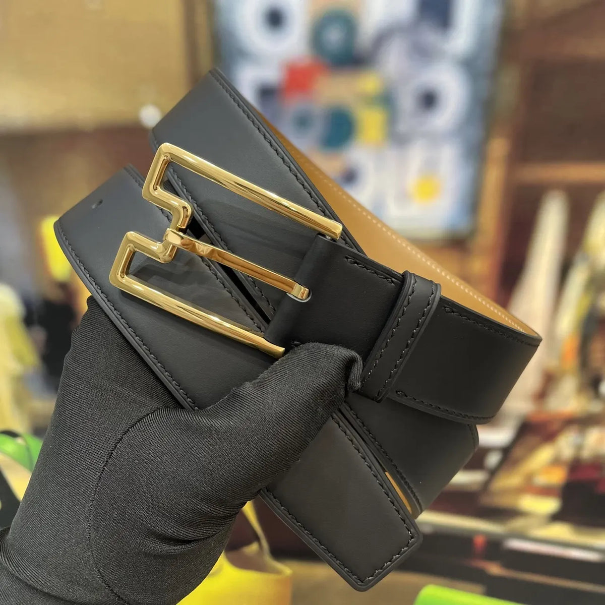 gold geometric Hermes Black Leather Belt