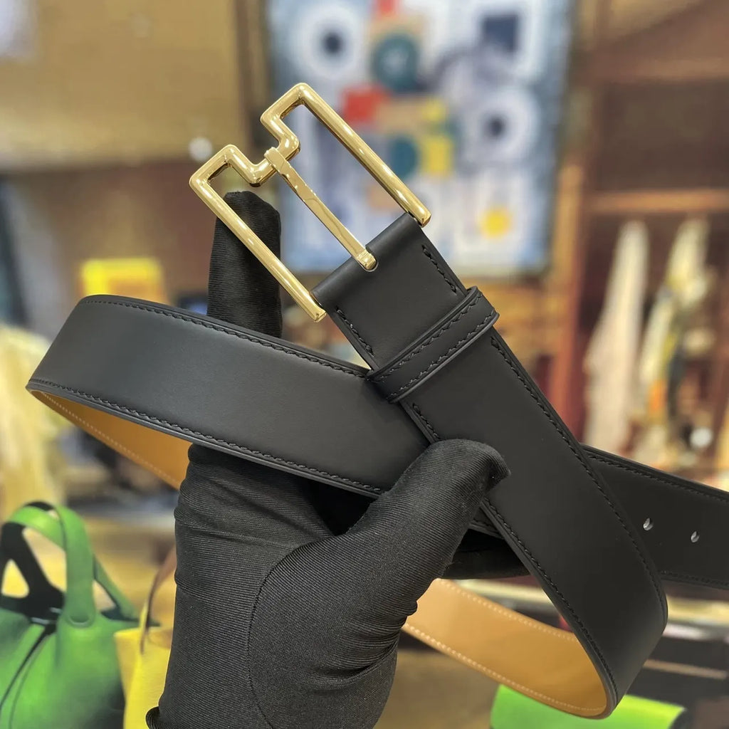 gold geometric Hermes Black Leather Belt - Hình 2