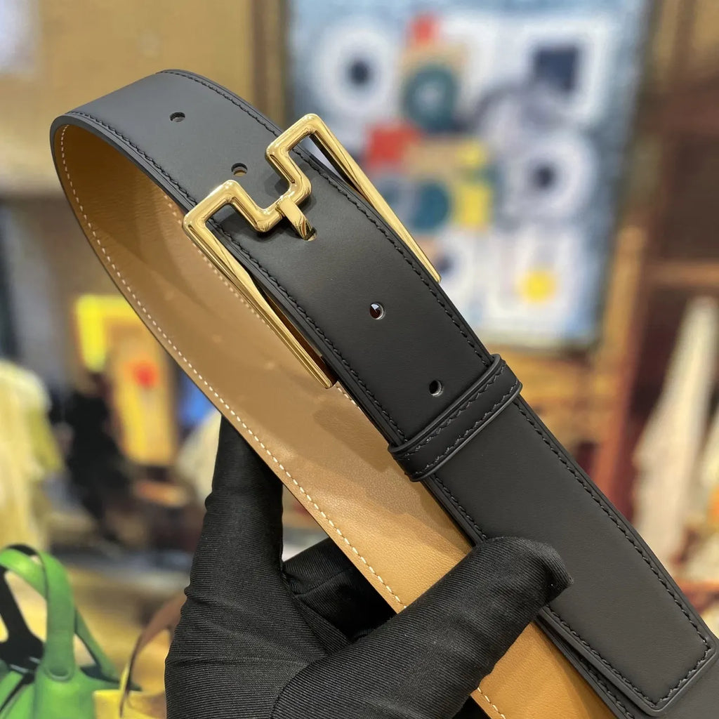 gold geometric Hermes Black Leather Belt - Hình 3