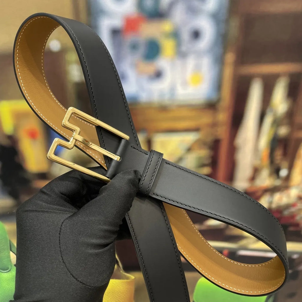 gold geometric Hermes Black Leather Belt - Hình 4