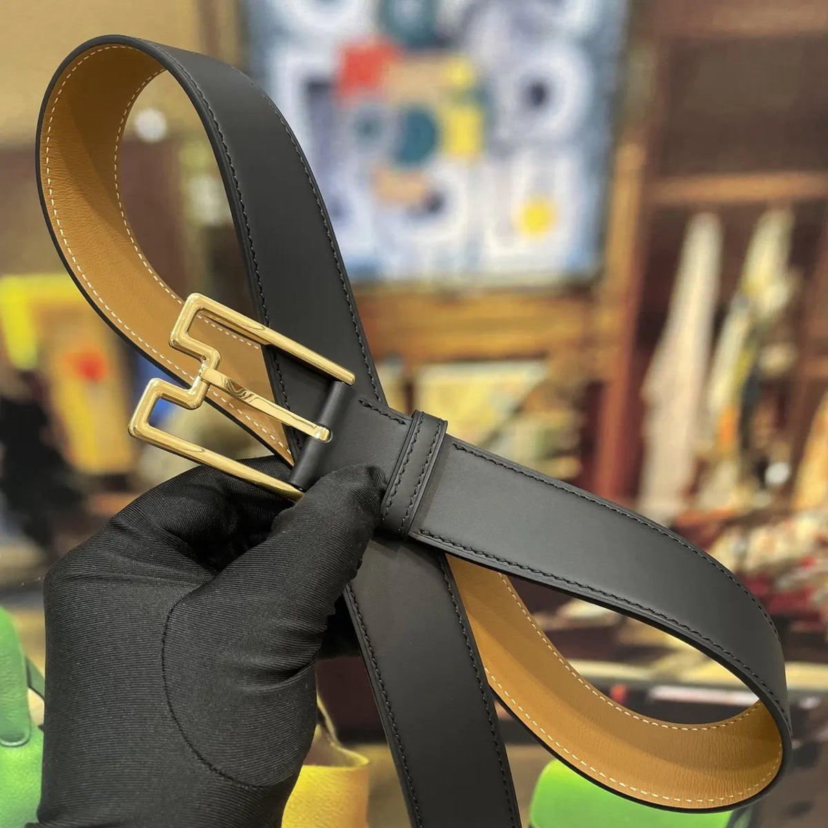 gold geometric Hermes Black Leather Belt - Hình 4