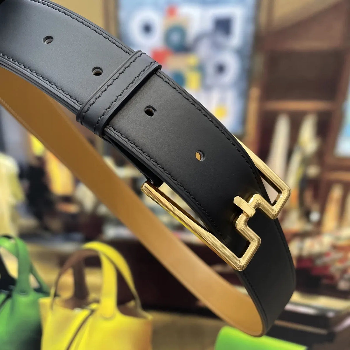 gold geometric Hermes Black Leather Belt - Hình 6