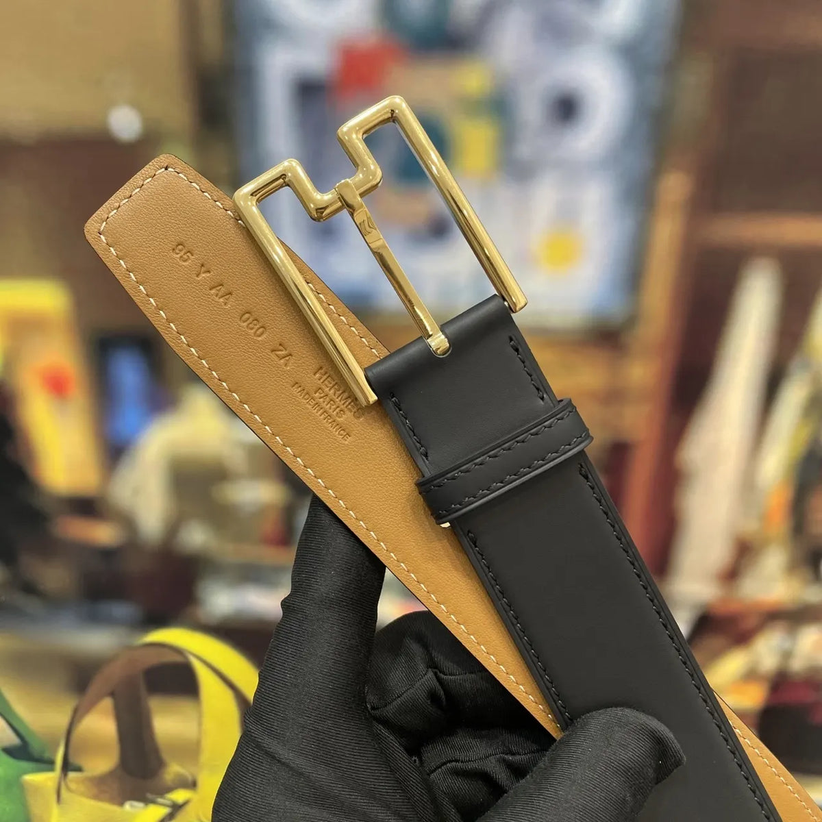 gold geometric Hermes Black Leather Belt - Hình 8