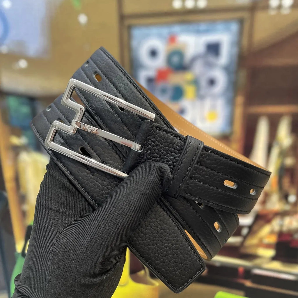 silver modern Hermes Black Grain Leather Belt