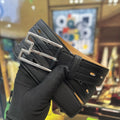silver modern Hermes Black Grain Leather Belt