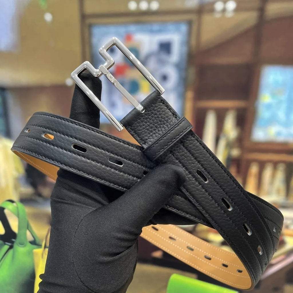silver modern Hermes Black Grain Leather Belt - Hình 2