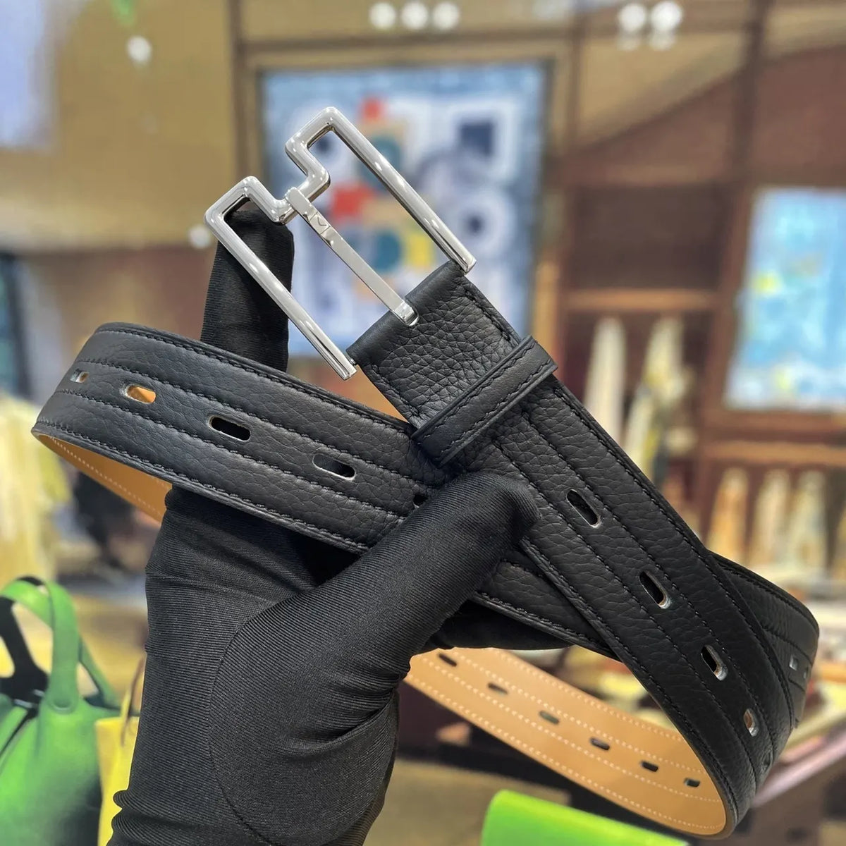silver modern Hermes Black Grain Leather Belt - Hình 2