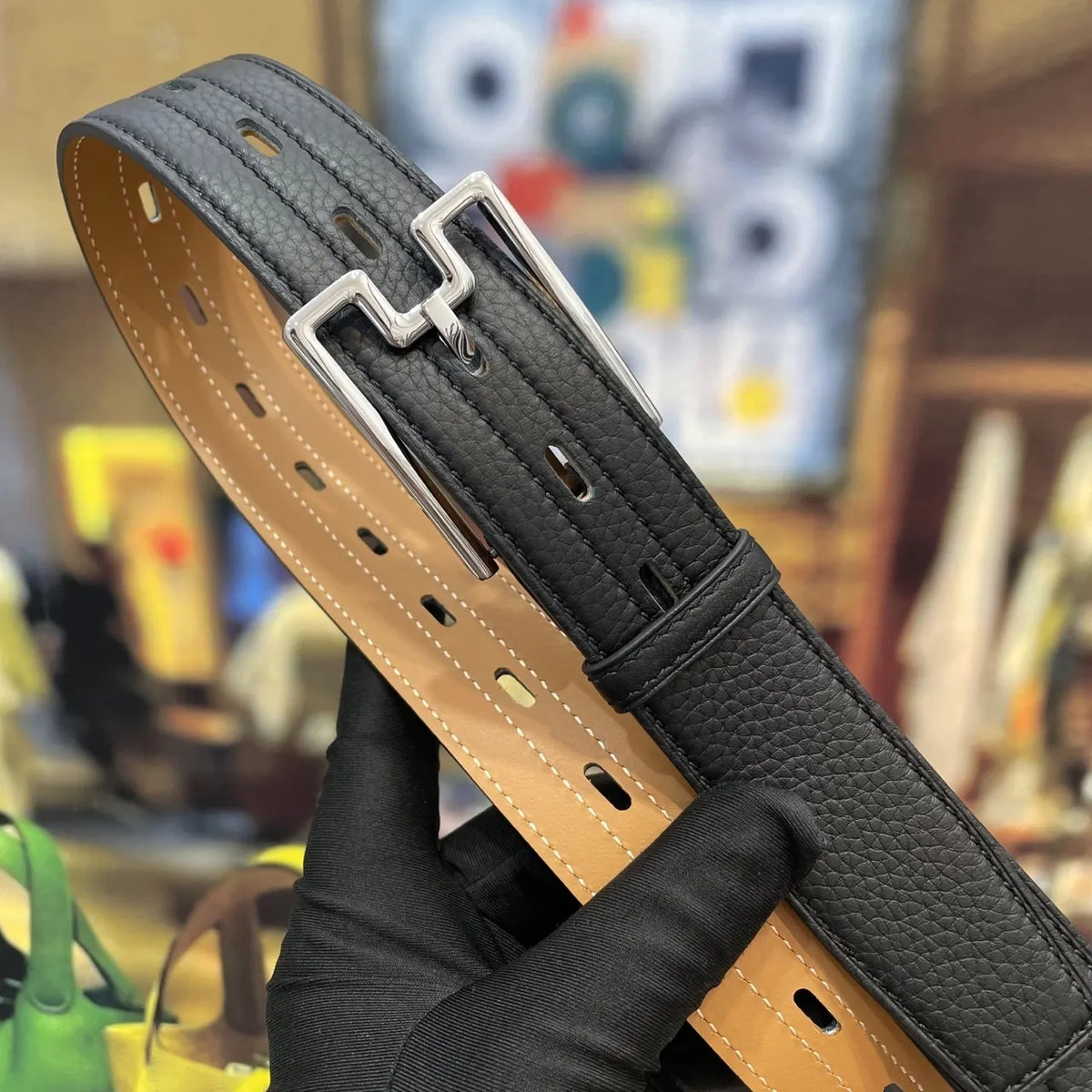 silver modern Hermes Black Grain Leather Belt - Hình 3