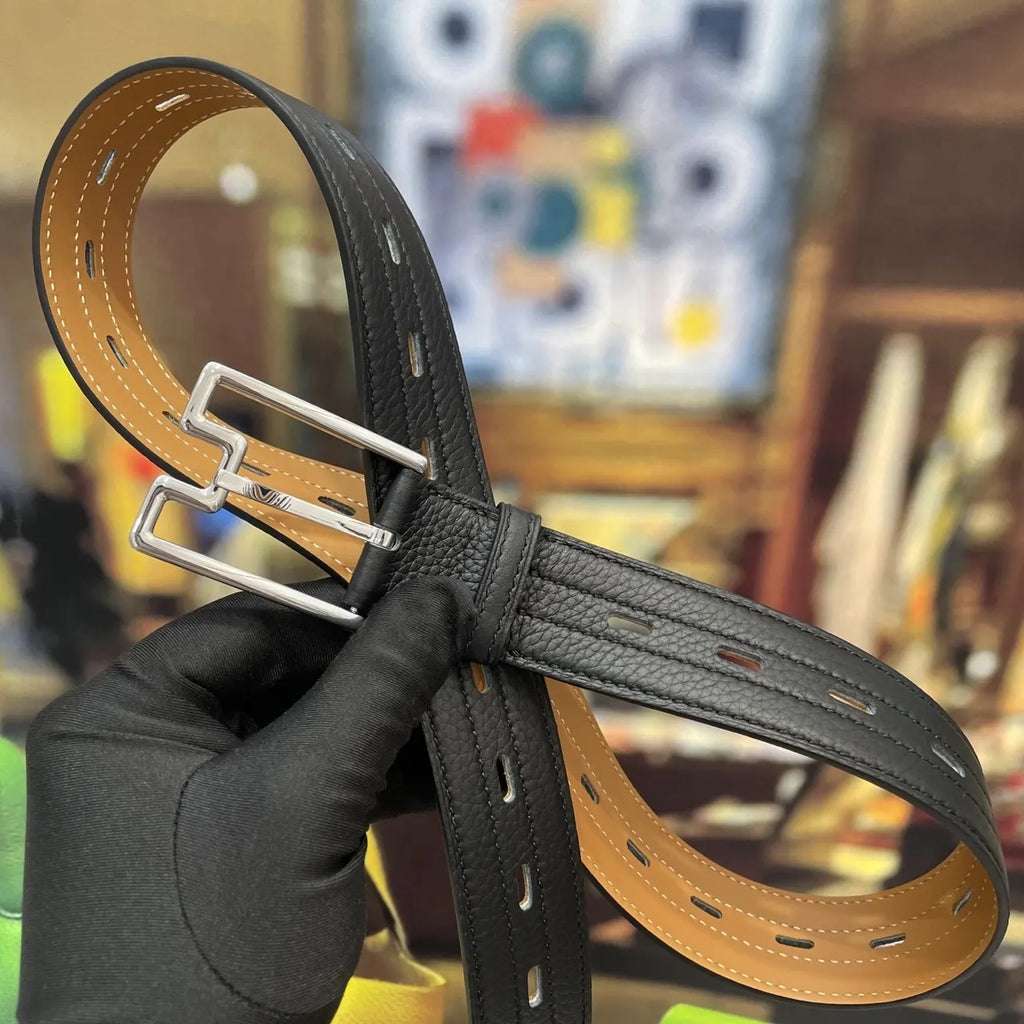 silver modern Hermes Black Grain Leather Belt - Hình 4