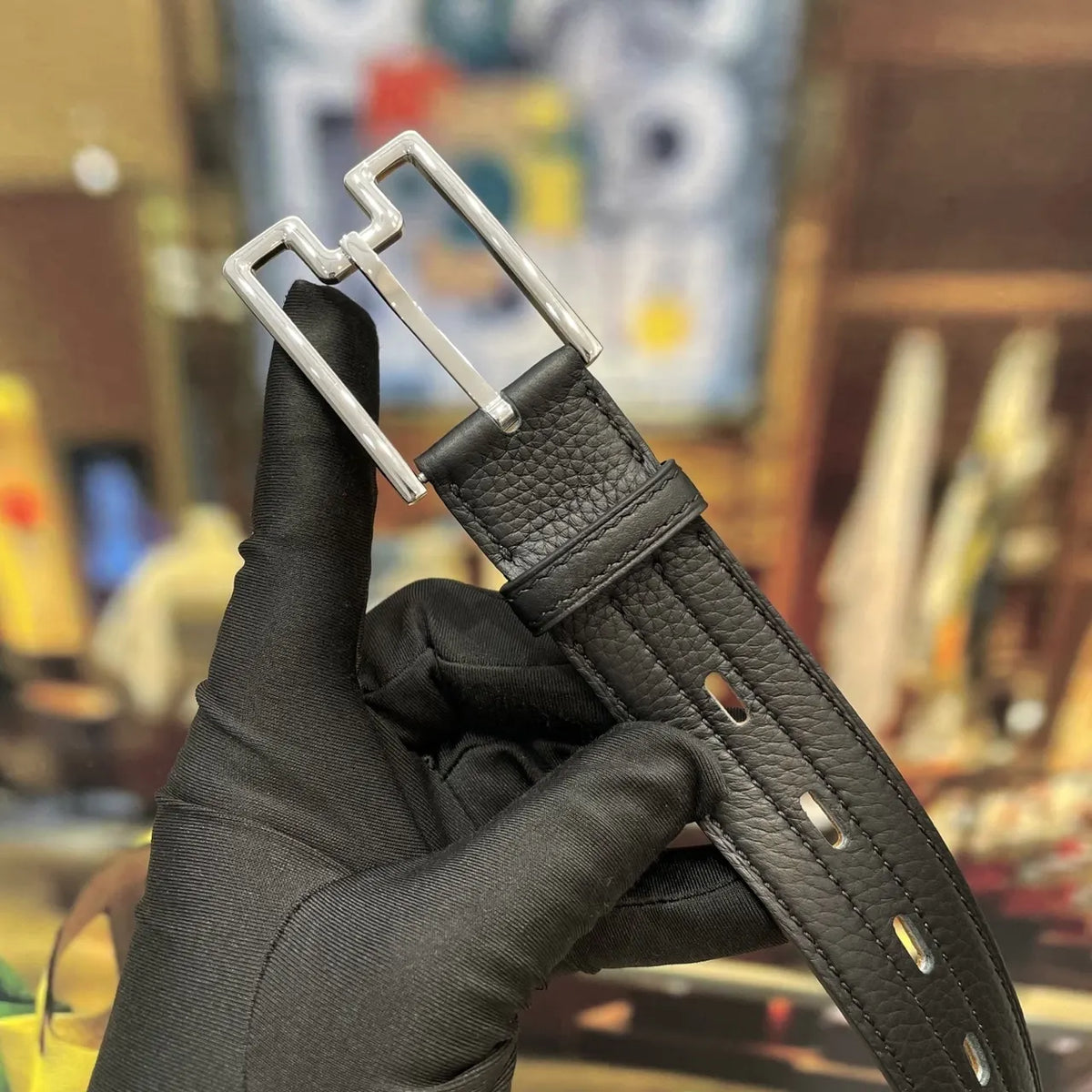 silver modern Hermes Black Grain Leather Belt - Hình 5