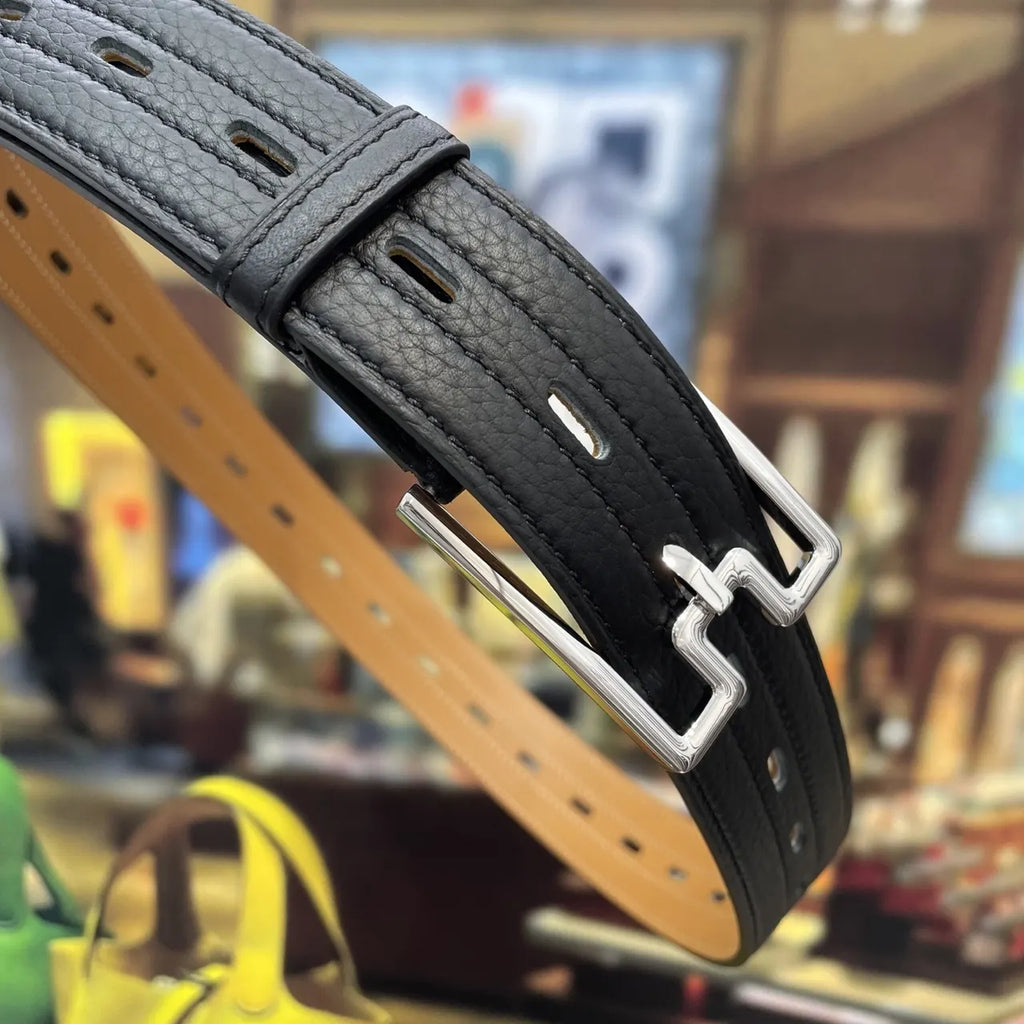 silver modern Hermes Black Grain Leather Belt - Hình 6