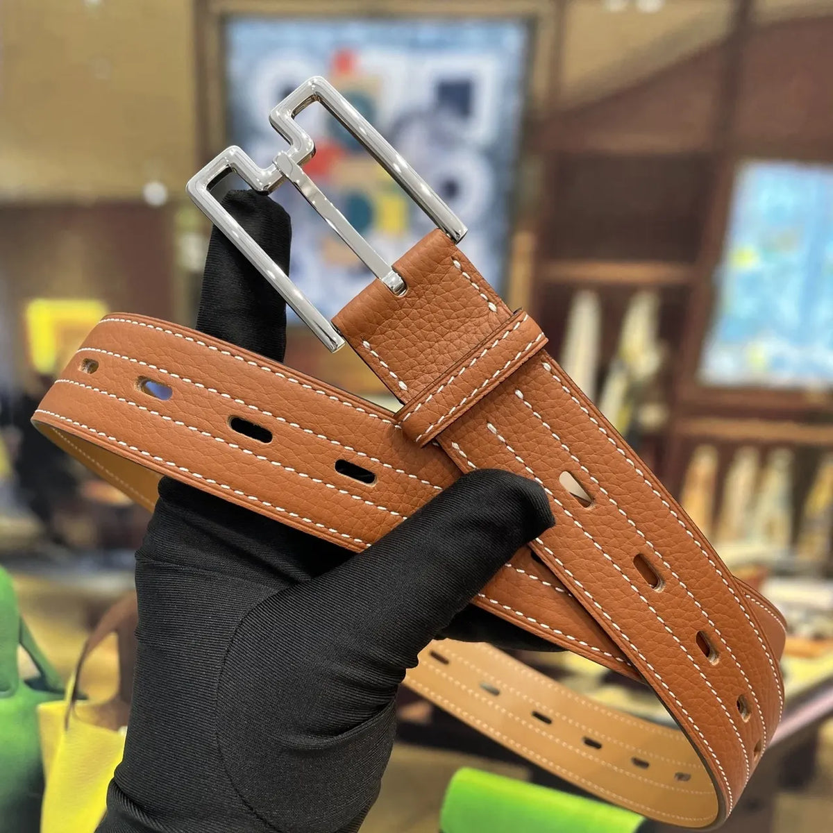 Hermes Tan Leather Belt silver - Hình 2