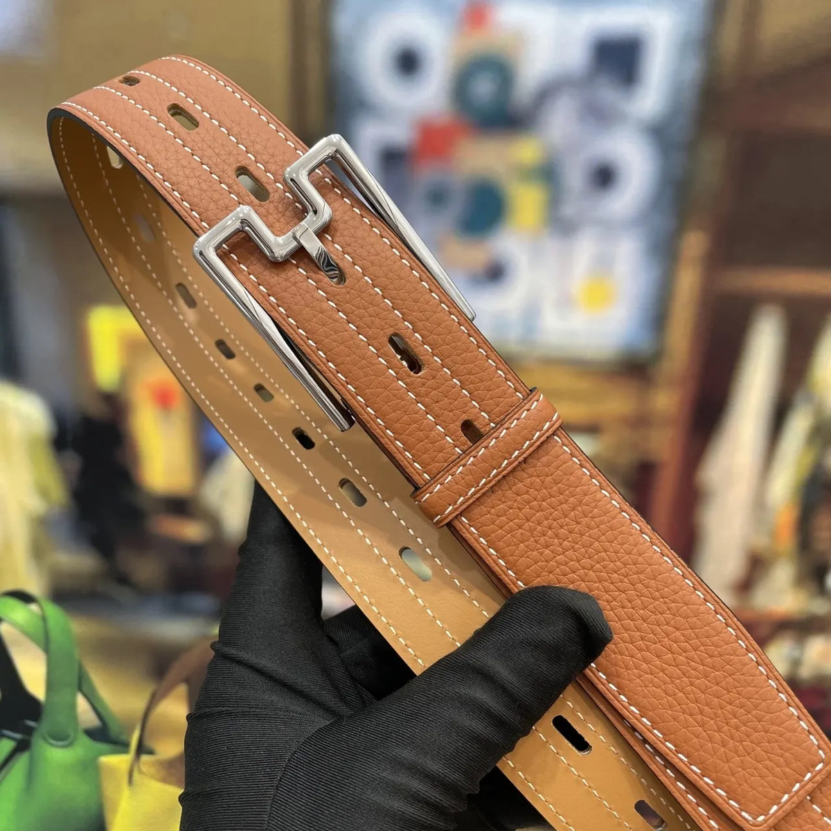 Hermes Tan Leather Belt silver - Hình 3