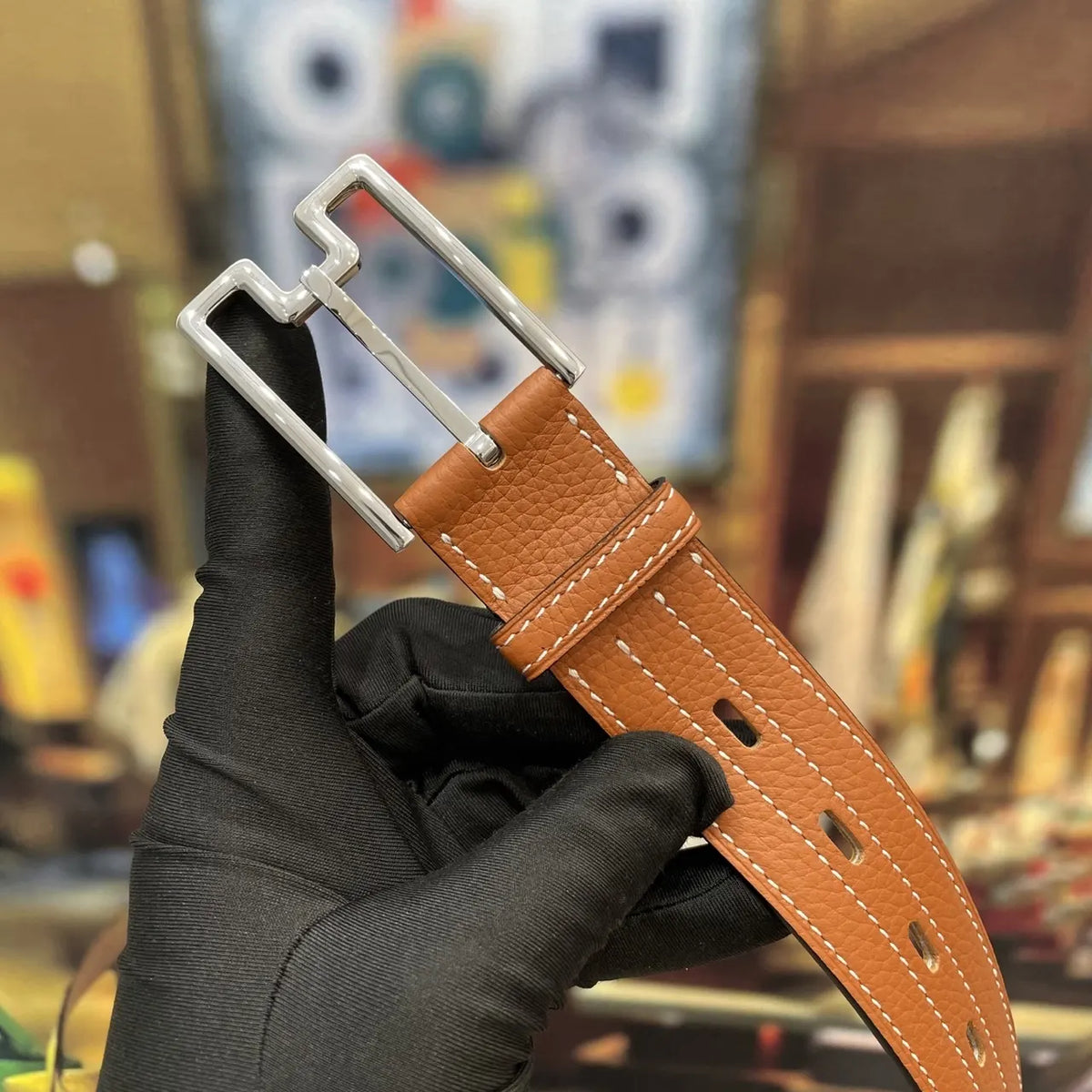 Hermes Tan Leather Belt silver - Hình 5