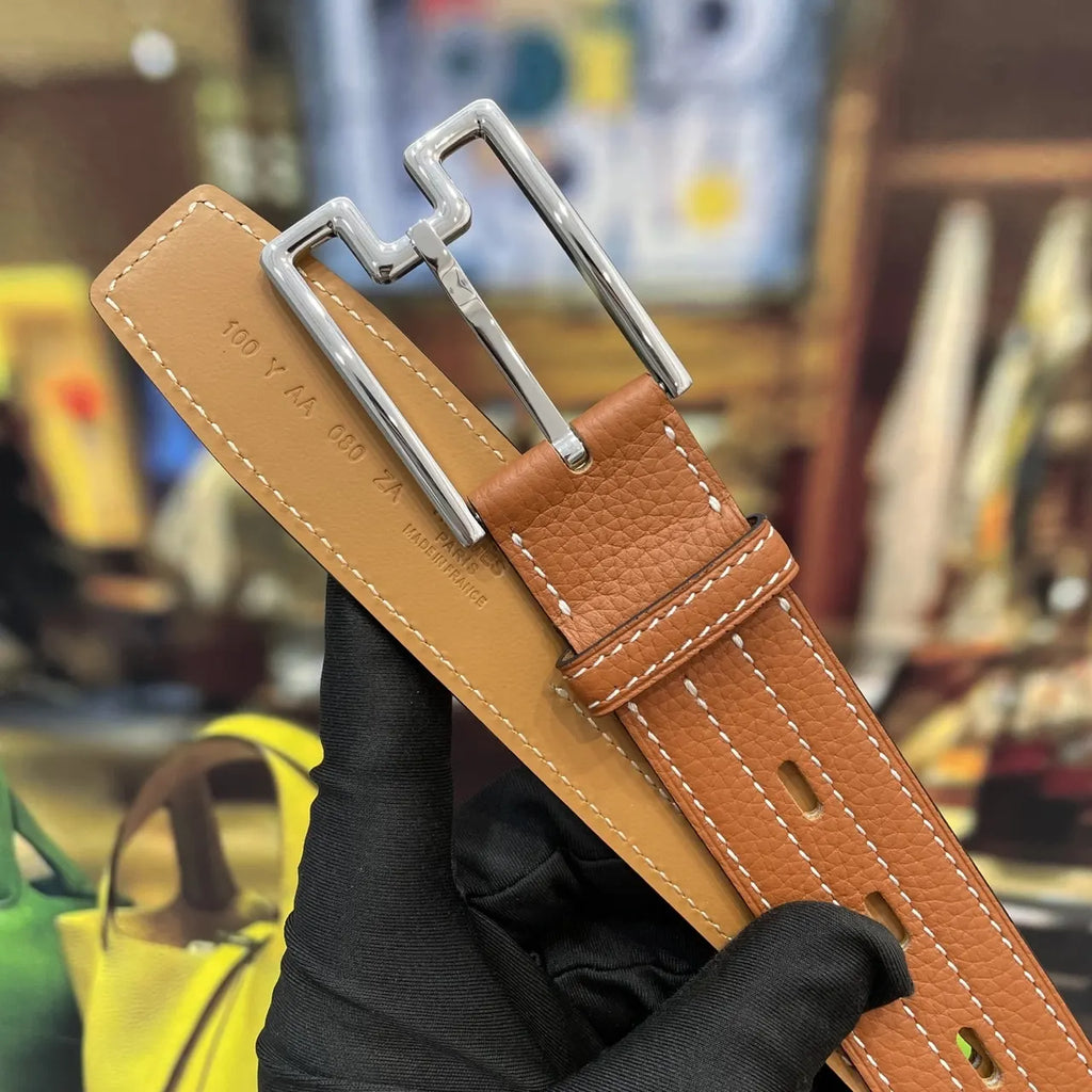Hermes Tan Leather Belt silver - Hình 8
