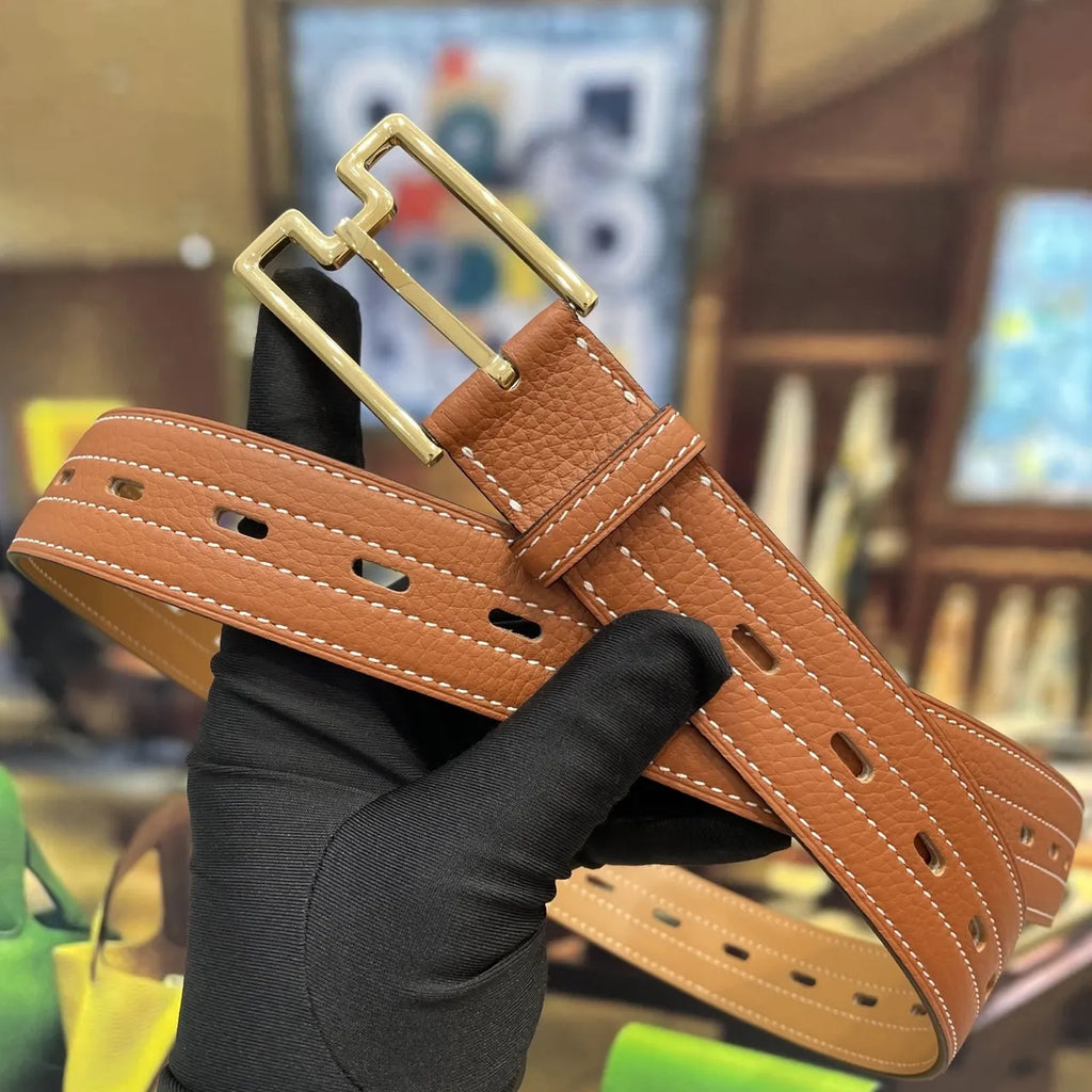 Hermes Tan Leather Double Buckle Belt - Hình 2