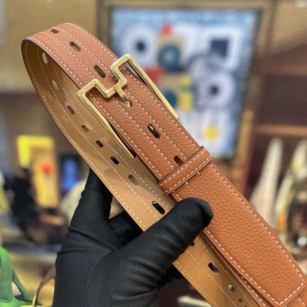 Hermes Tan Leather Double Buckle Belt - Hình 3