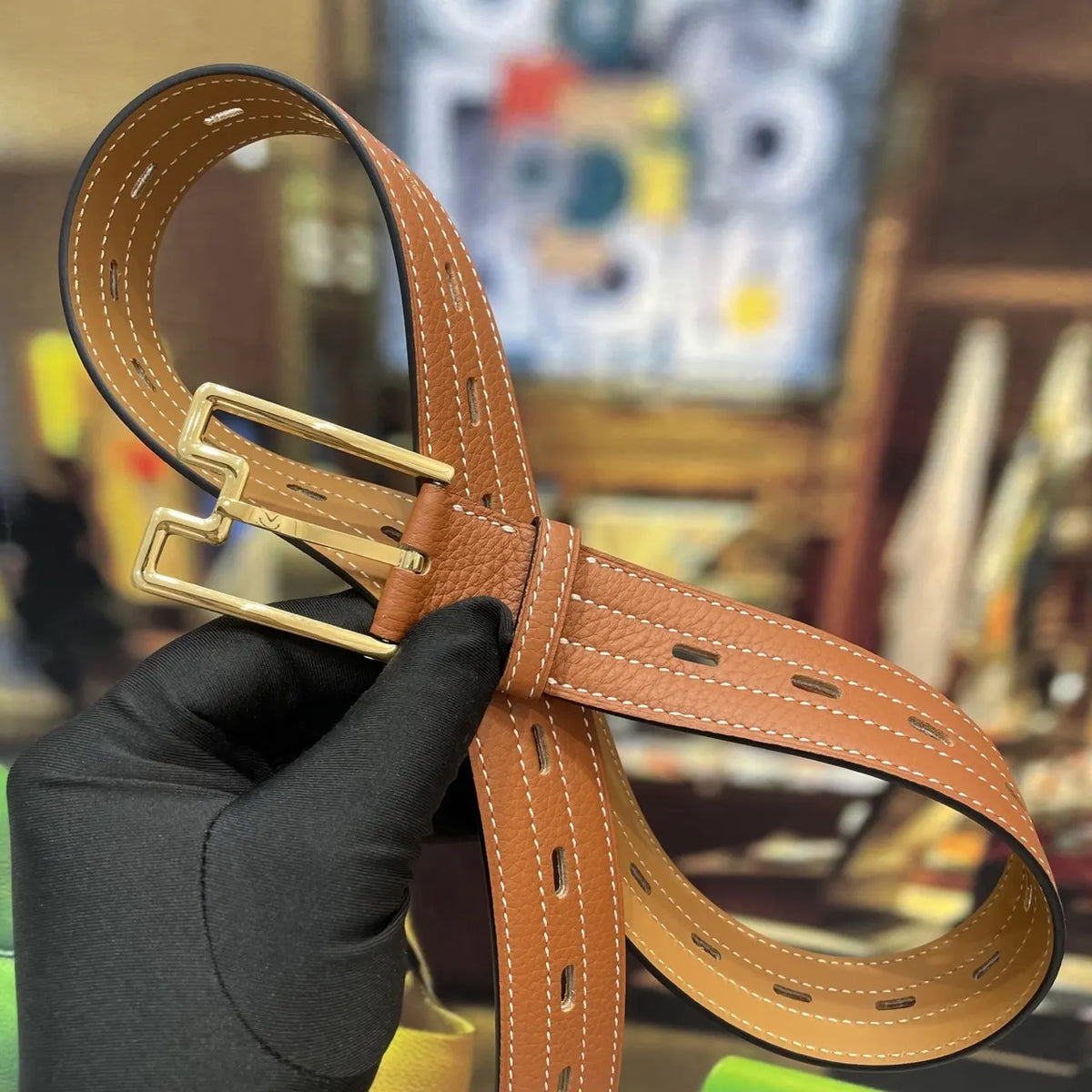 Hermes Tan Leather Double Buckle Belt - Hình 4