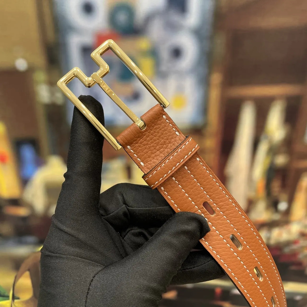 Hermes Tan Leather Double Buckle Belt - Hình 5