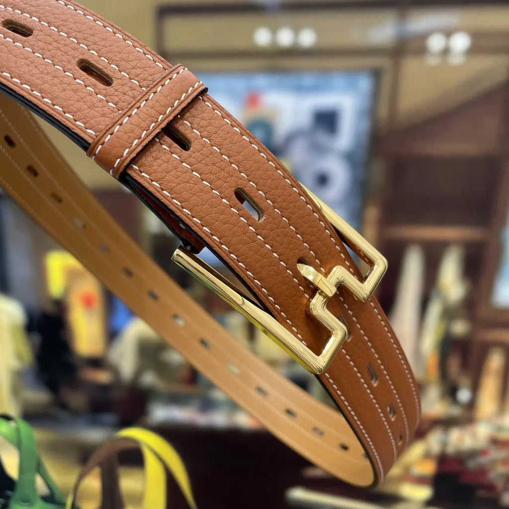 Hermes Tan Leather Double Buckle Belt - Hình 6