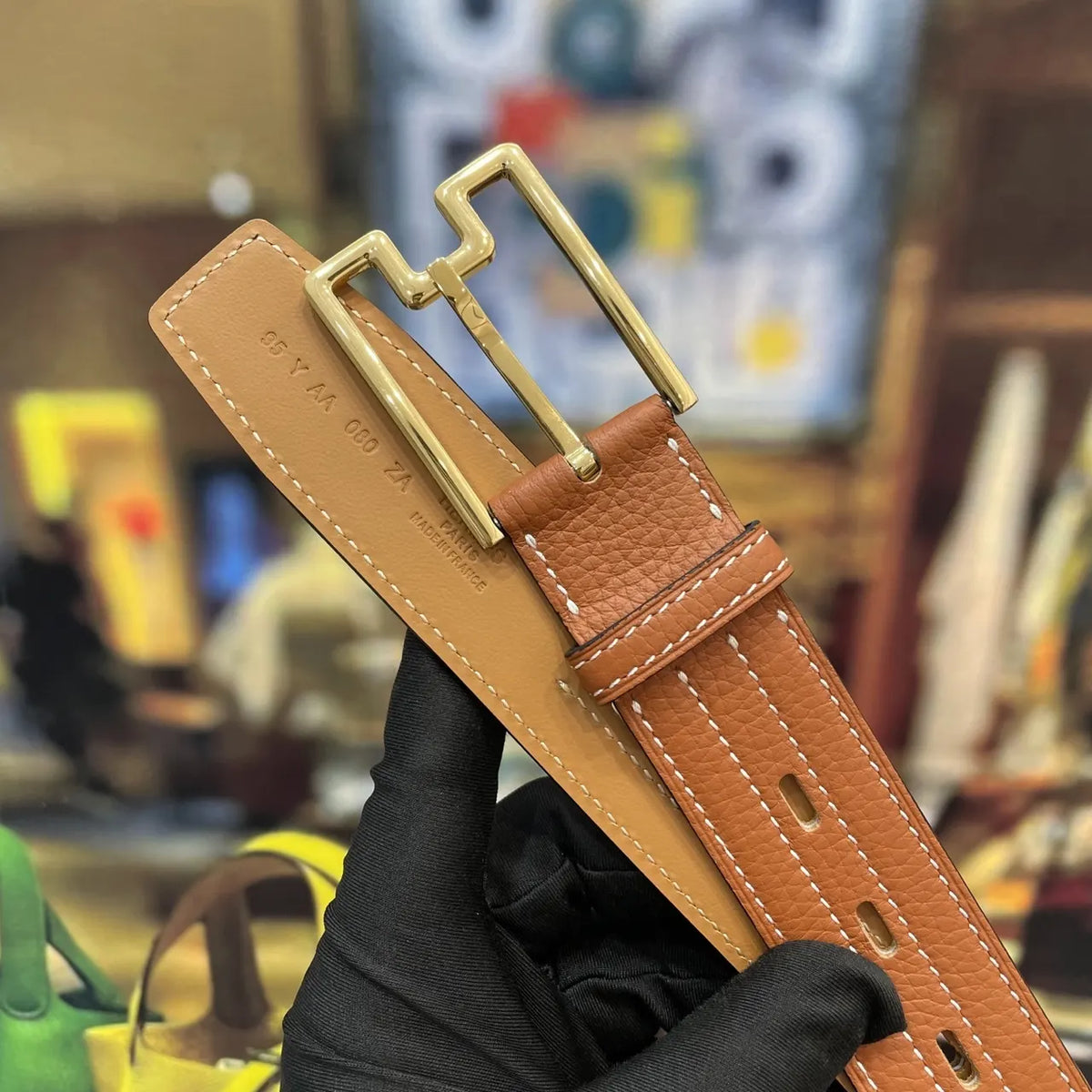 Hermes Tan Leather Double Buckle Belt - Hình 8