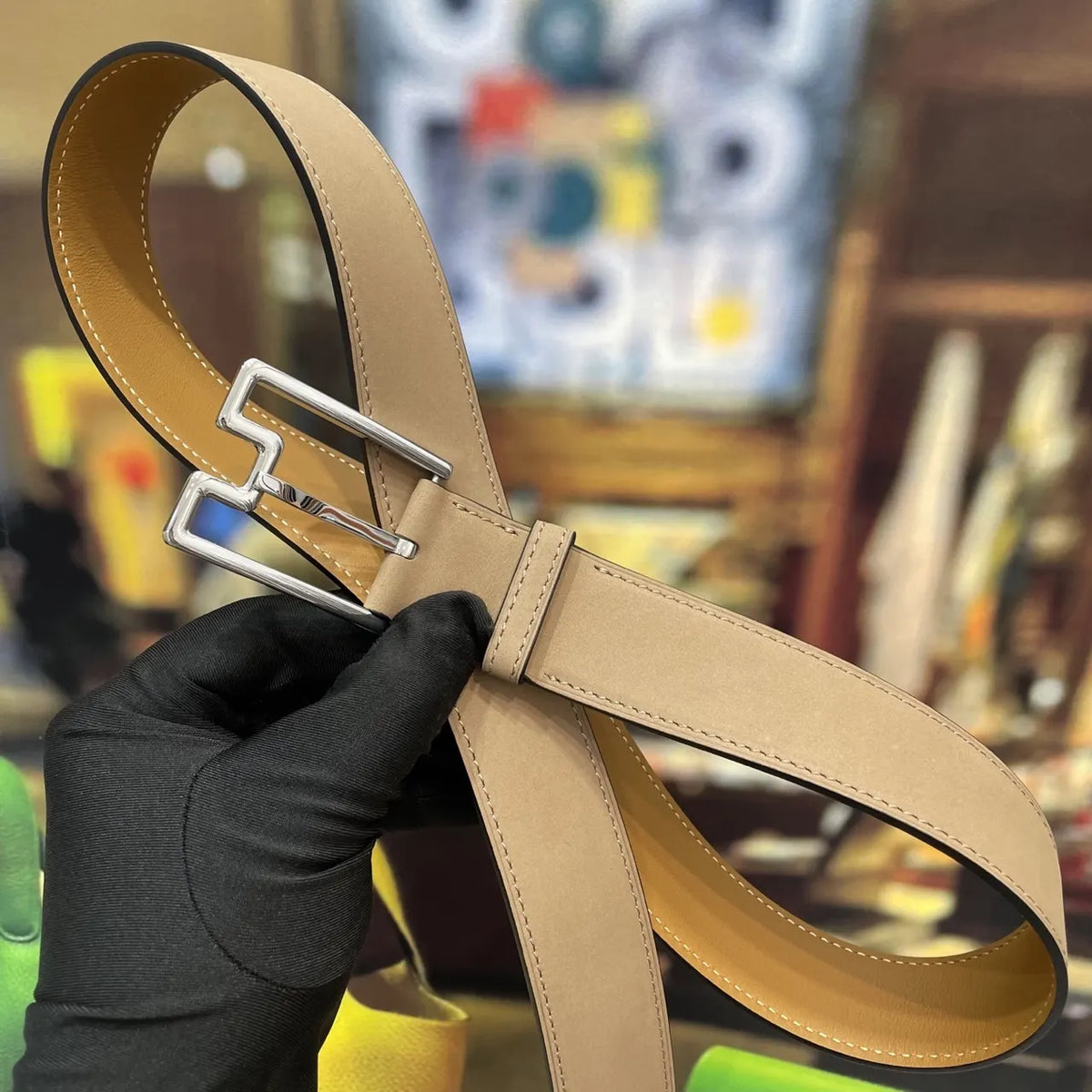 Hermes Beige Suede Belt - Hình 4