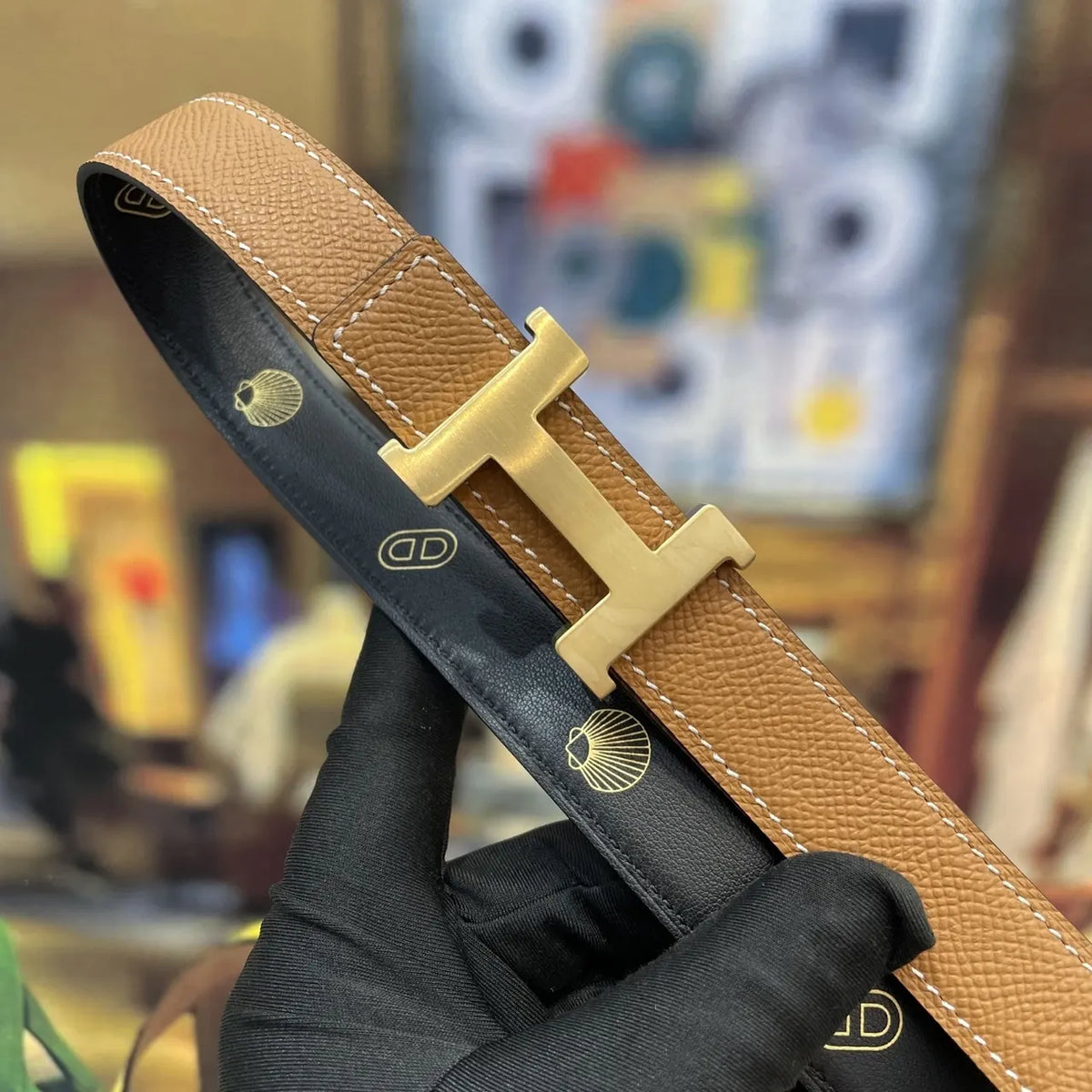 Hermes Gold Buckle Brown Leather Belt designer style - Hình 3