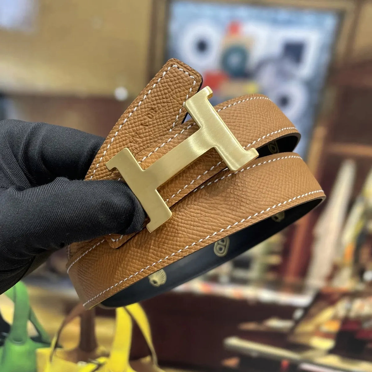 Hermes Gold Buckle Brown Leather Belt designer style - Hình 5