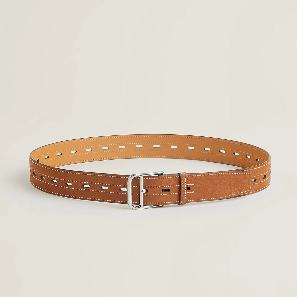 perforated Hermes Tan Leather Belt