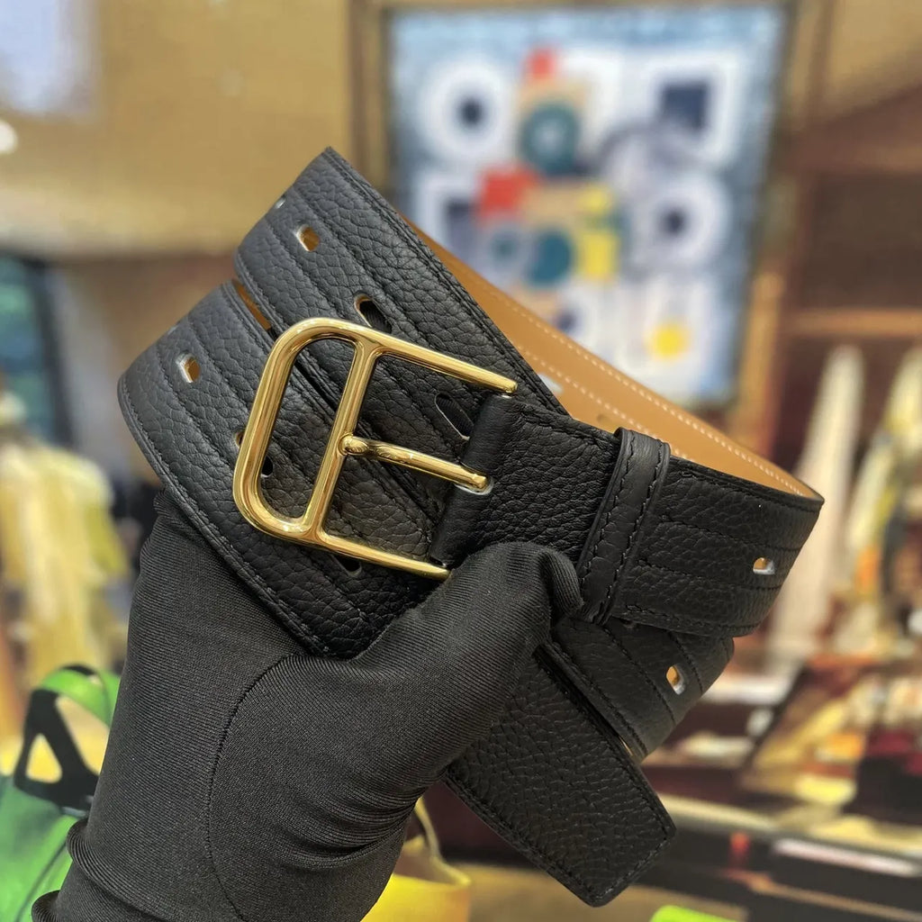 gold Hermes Black Textured Leather Belt