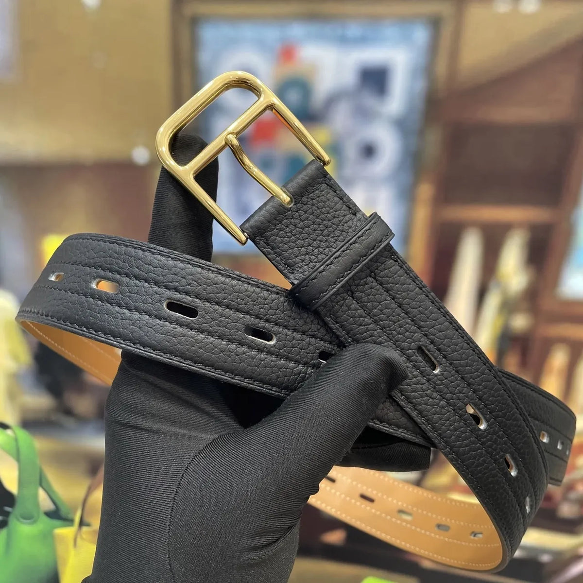 gold Hermes Black Textured Leather Belt - Hình 2
