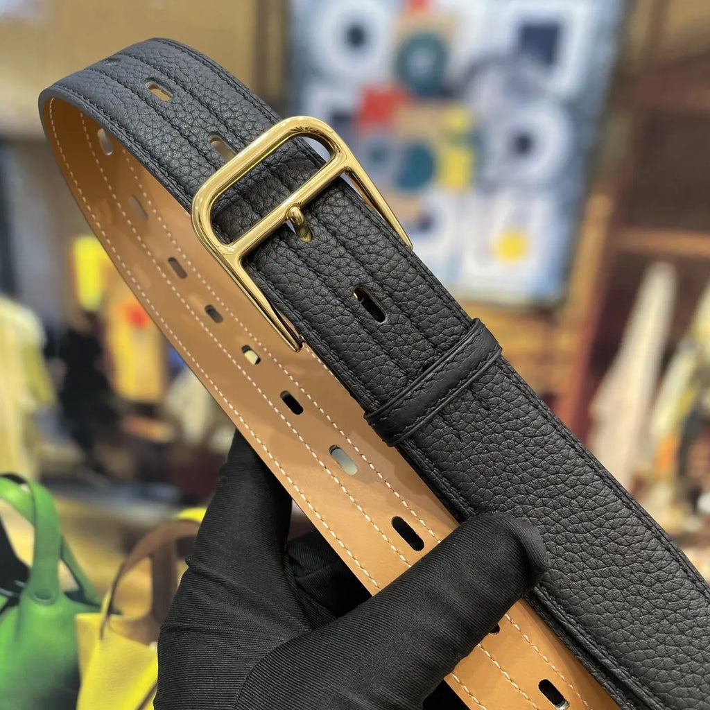 gold Hermes Black Textured Leather Belt - Hình 3