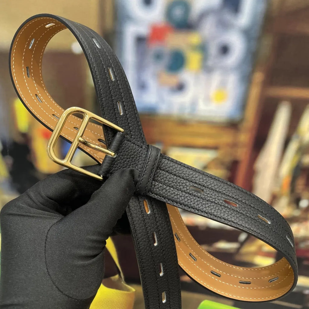 gold Hermes Black Textured Leather Belt - Hình 4