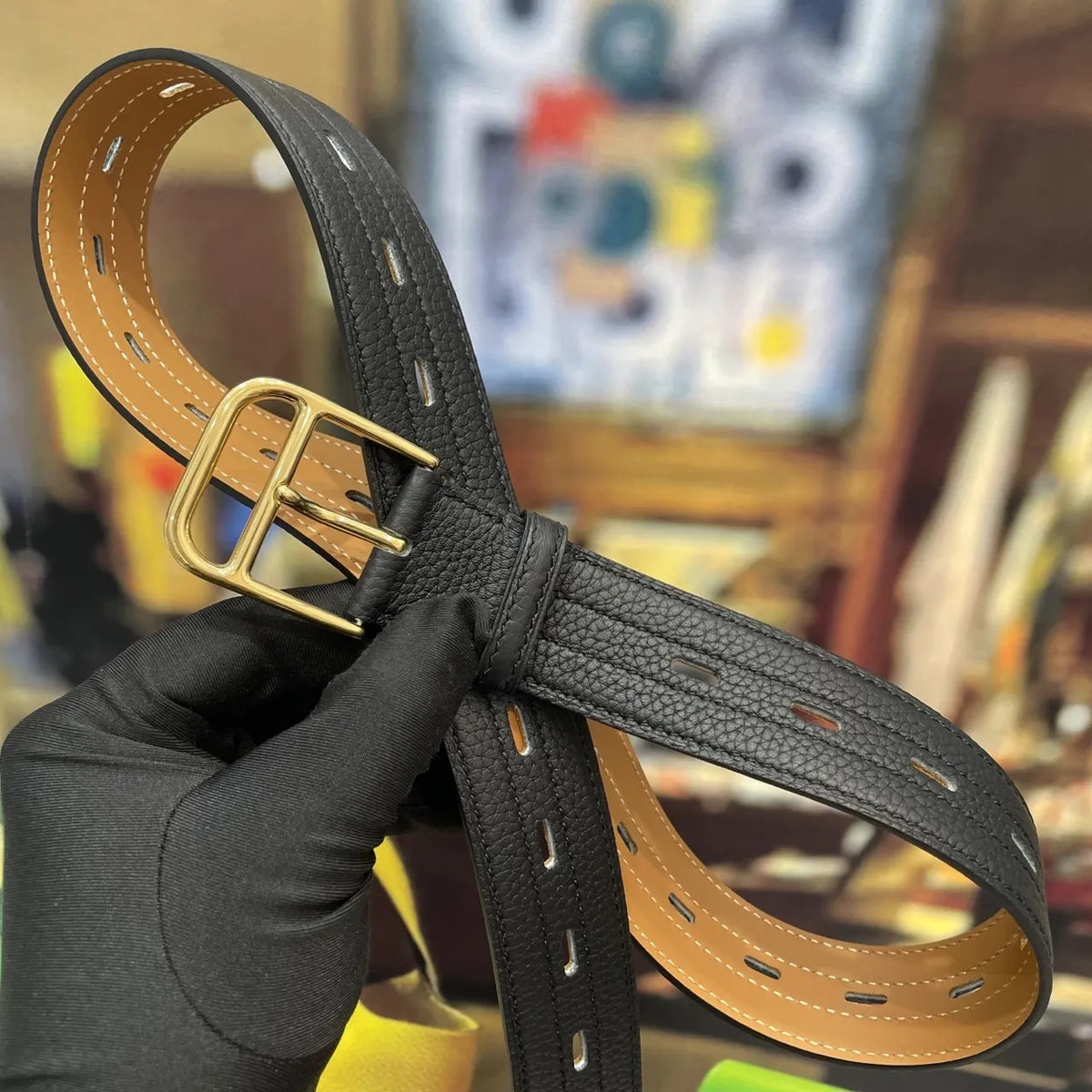 gold Hermes Black Textured Leather Belt - Hình 4