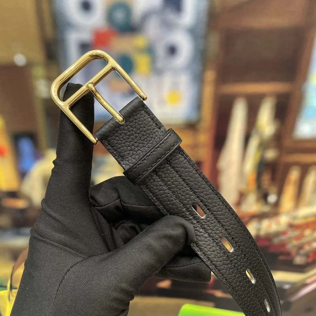 gold Hermes Black Textured Leather Belt - Hình 5