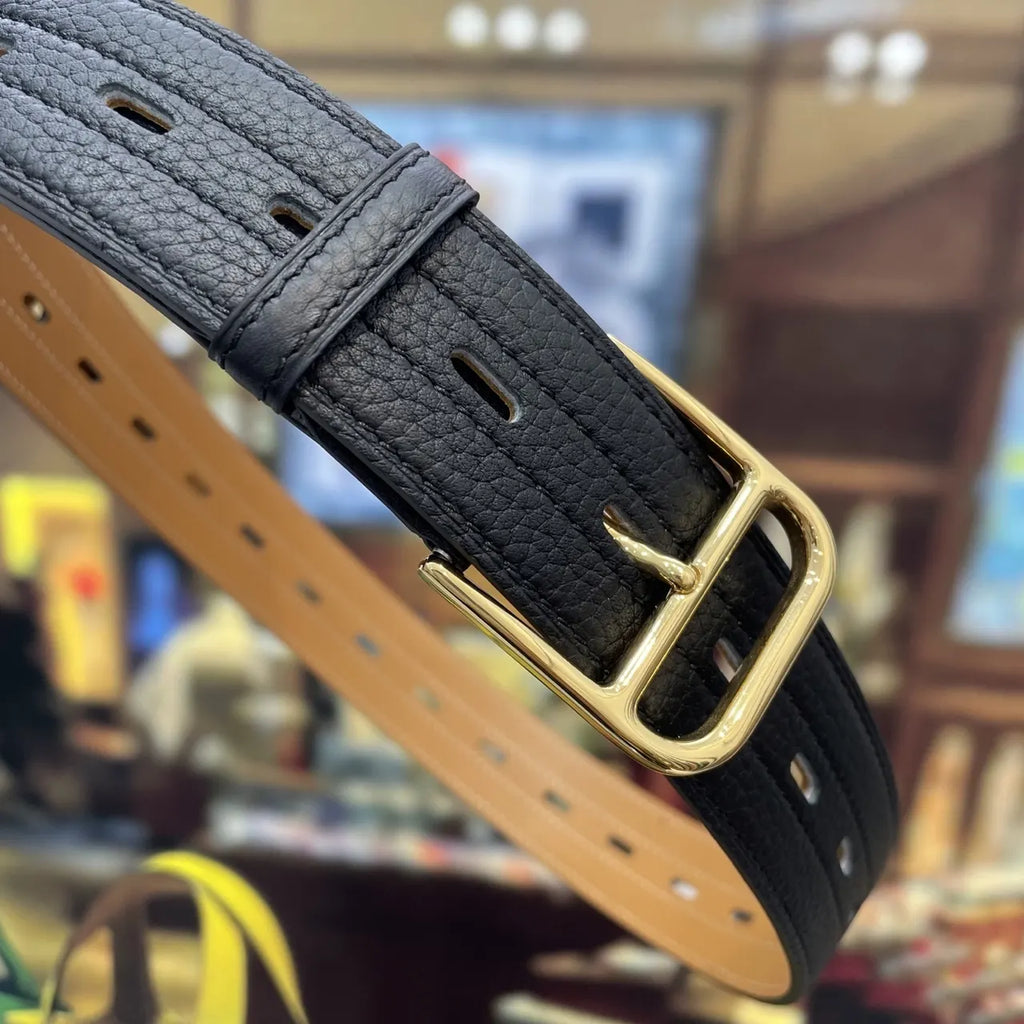 gold Hermes Black Textured Leather Belt - Hình 7