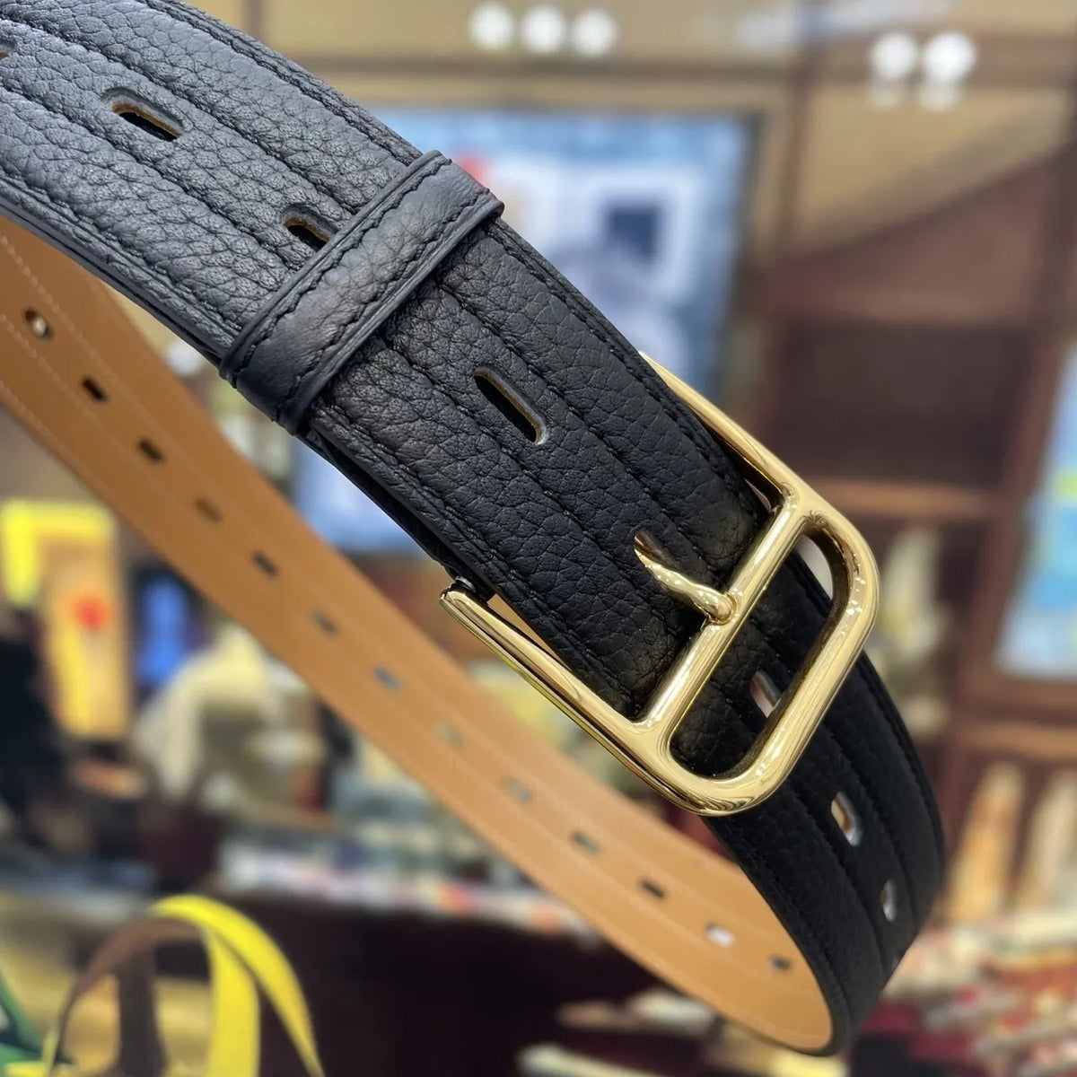gold Hermes Black Textured Leather Belt - Hình 7