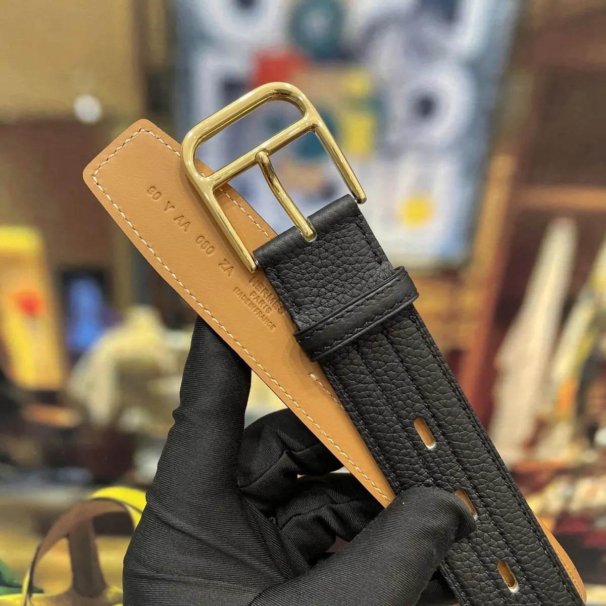 gold Hermes Black Textured Leather Belt - Hình 8