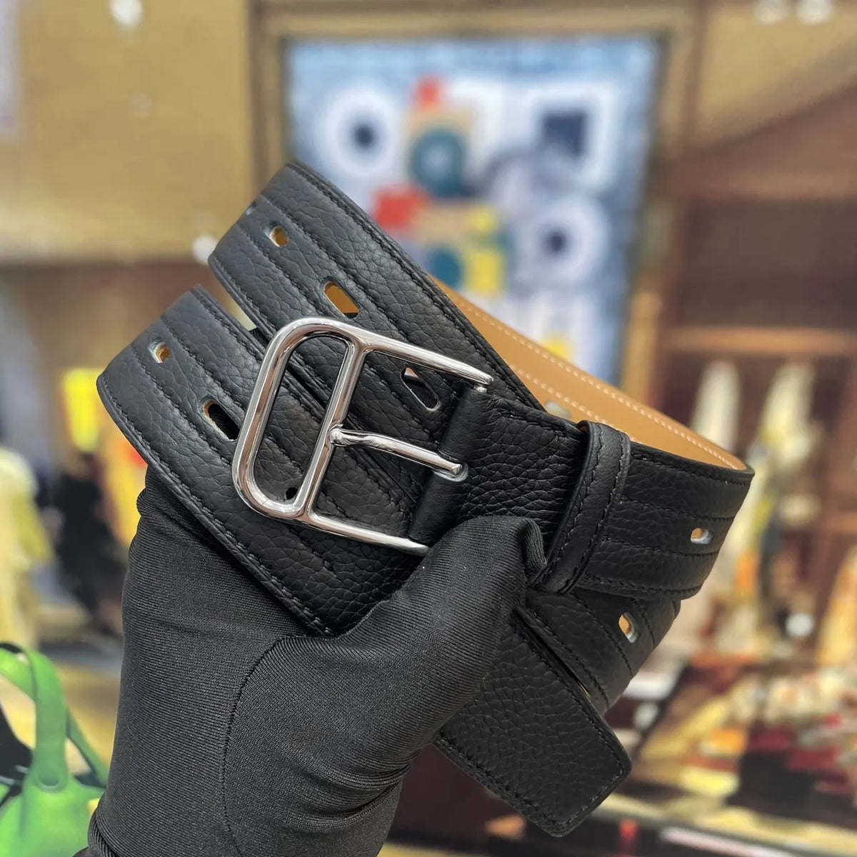 silver Hermes Black Textured Leather Belt